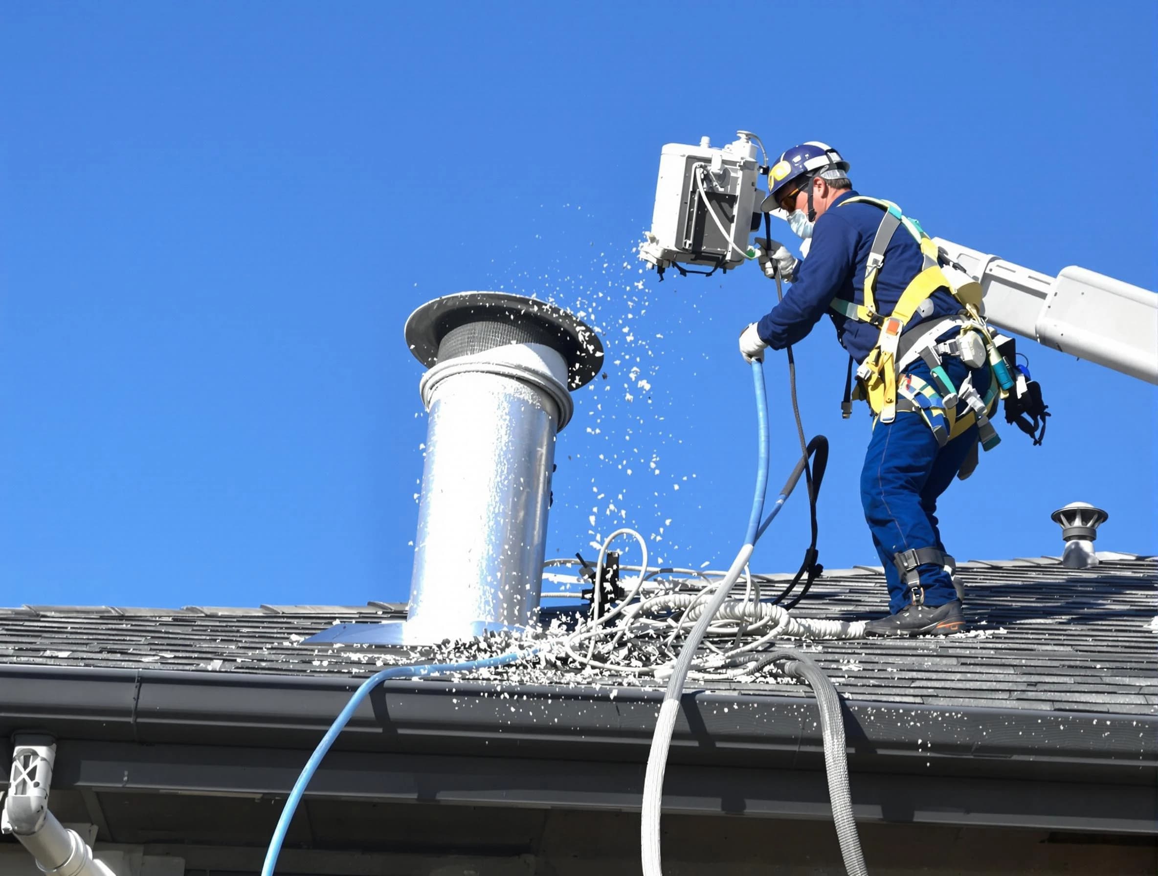 Columbiana Dryer Vent Cleaning certified technician safely cleaning a roof-mounted dryer vent in Columbiana