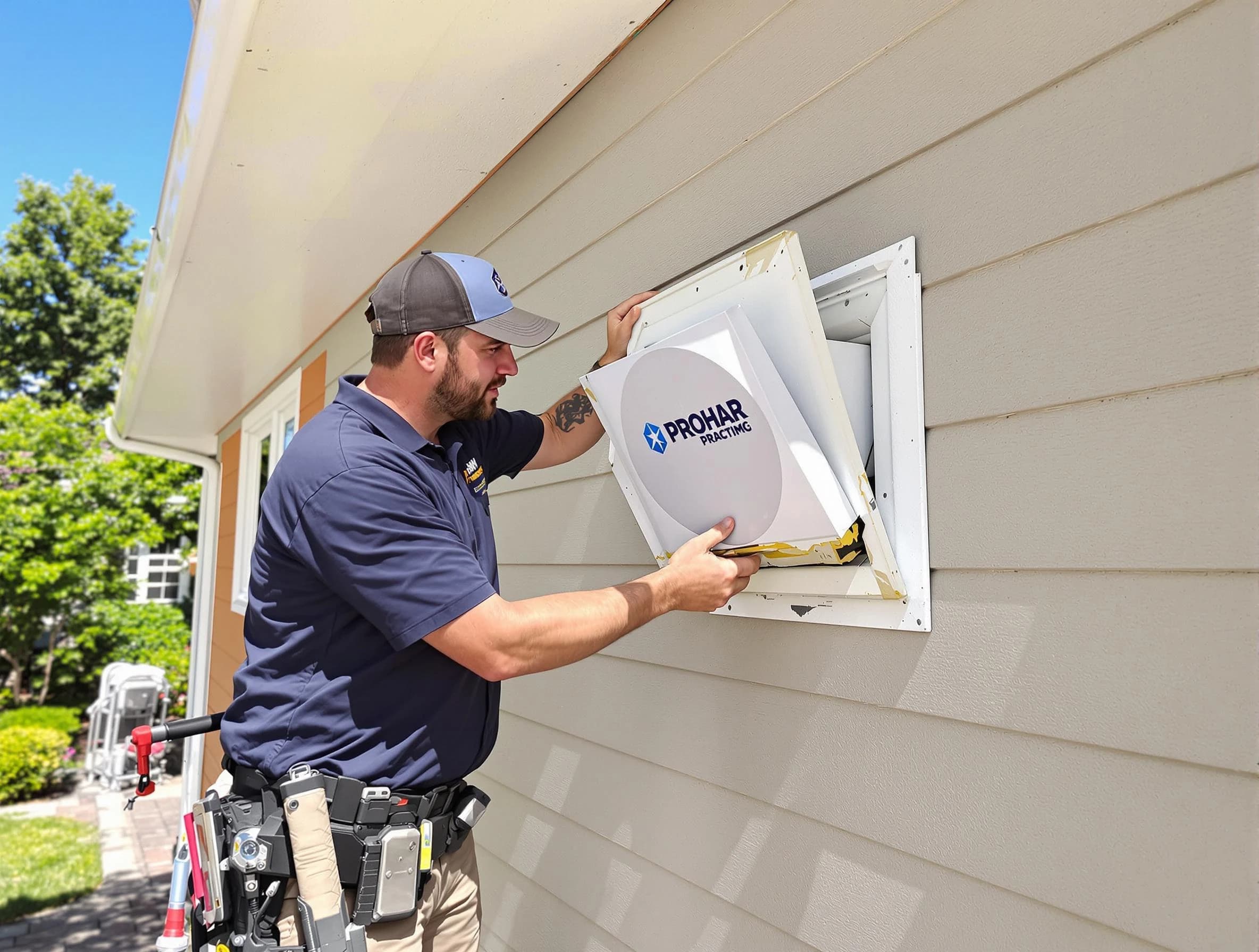Columbiana Dryer Vent Cleaning technician installing a new protective dryer vent cover on a home in Columbiana