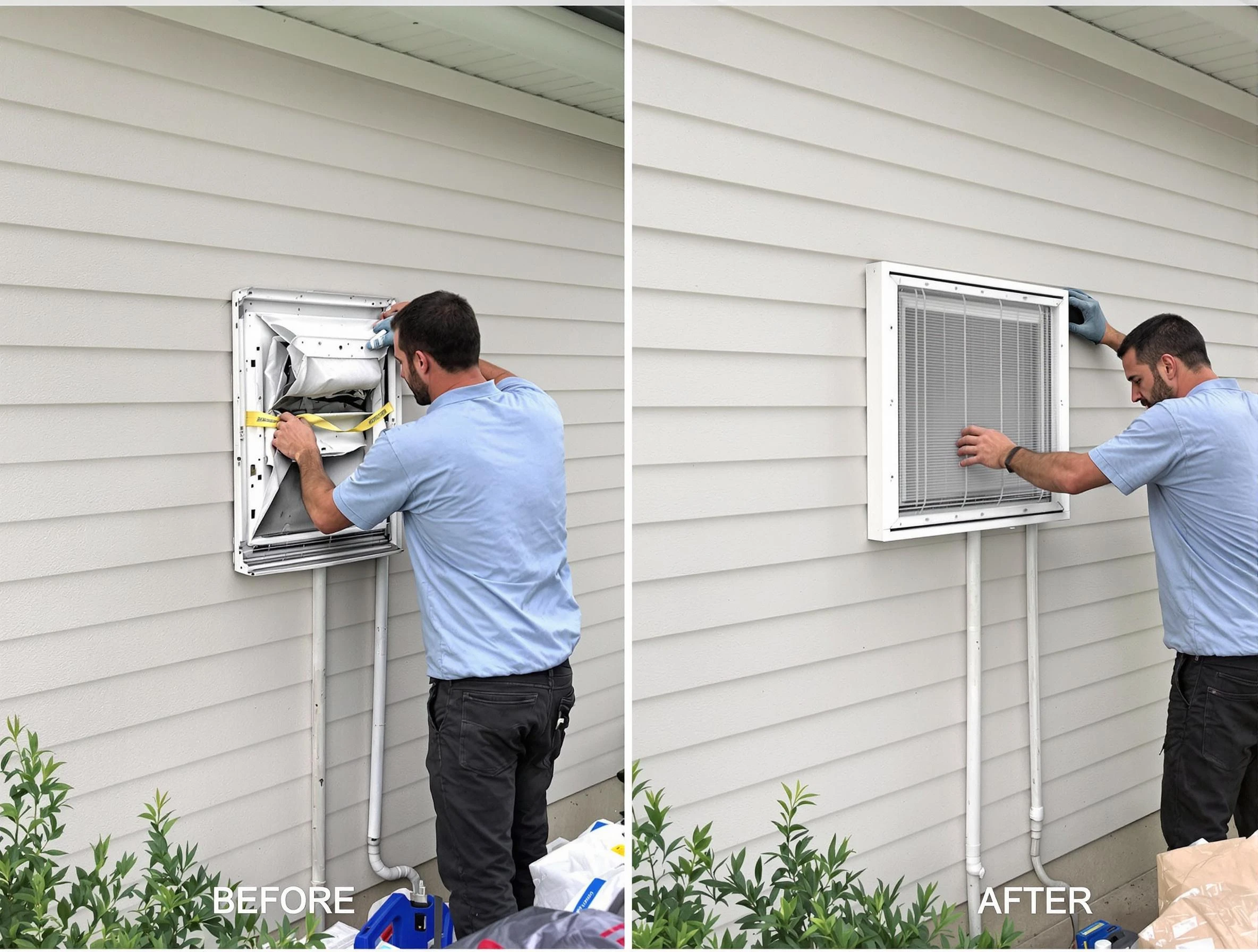Columbiana Dryer Vent Cleaning technician installing high-quality dryer vent cover at a residential property in Columbiana